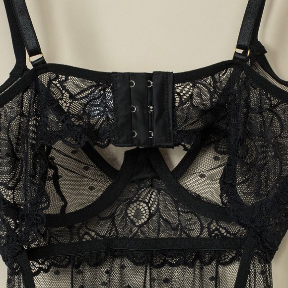 Black Sheer Lace Double Splits Maxi Gown with Thong Lingerie Set - Picture 11 of 15